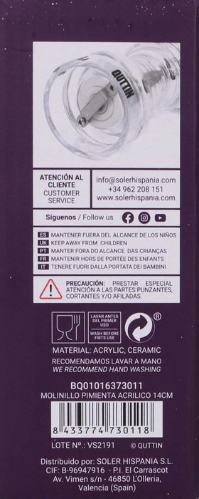 Quttin Molinillo de Pimienta de Acrílico 14cm
