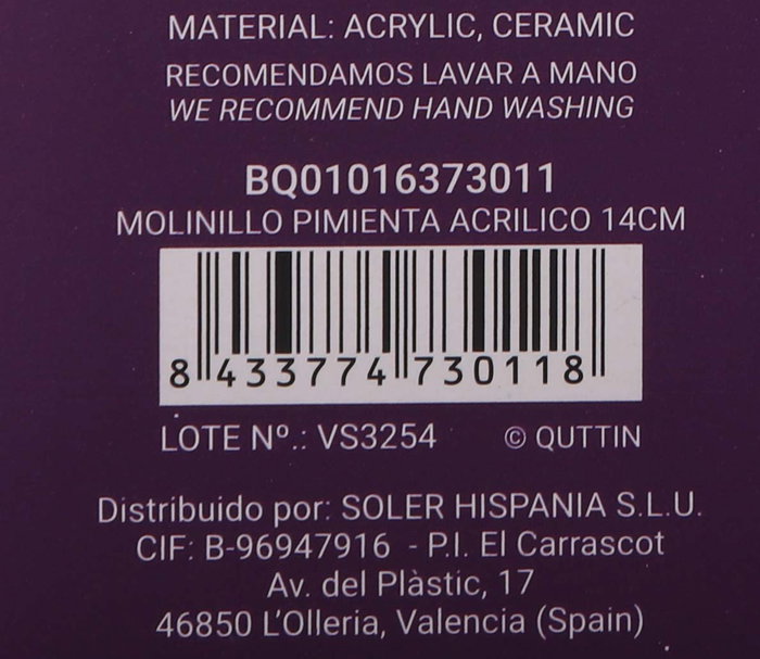 Quttin Molinillo de Pimienta de Acrílico 14cm