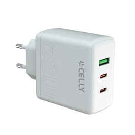Celly TC3GAN65WEVOWH Cargador 65W Rápido con 2 Puertos USB-C y 1 USB-A Blanco, para Smartphone, Tablet y Laptop