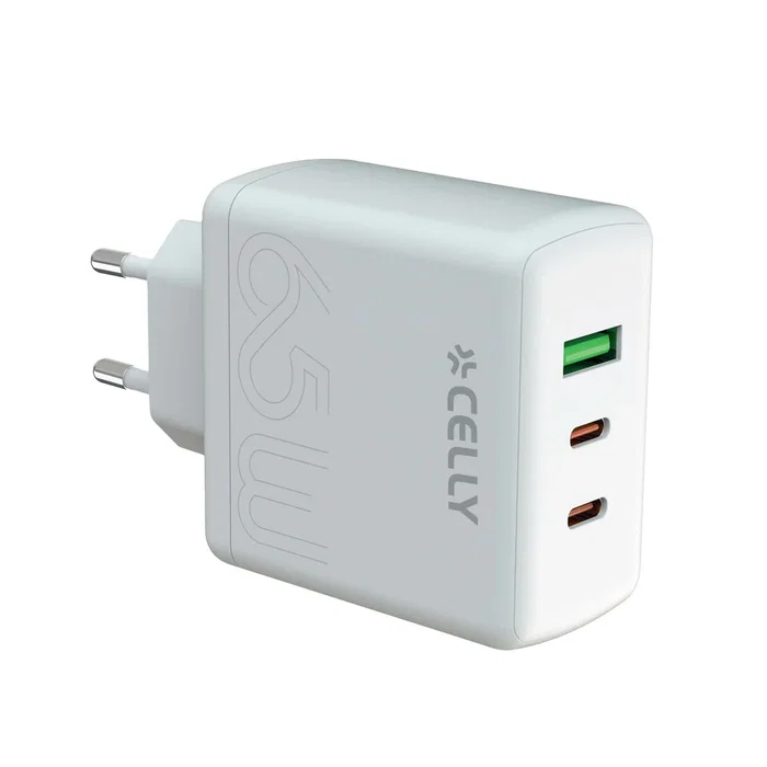 Celly TC3GAN65WEVOWH Cargador 65W Rápido con 2 Puertos USB-C y 1 USB-A Blanco, para Smartphone, Tablet y Laptop
