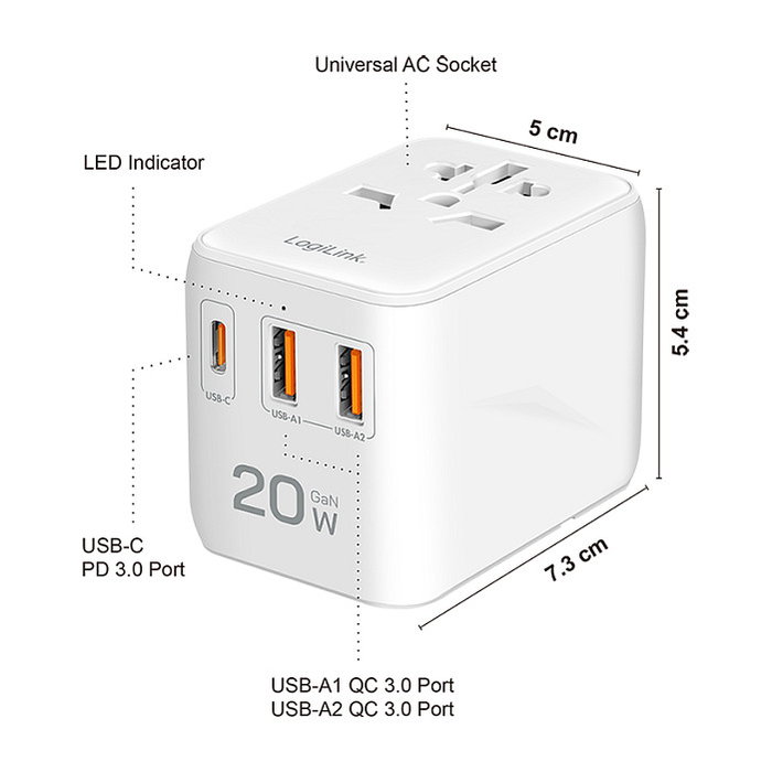 LogiLink Cargador de viaje 20 W GaN de 3 puertos, 2x USB-A (QC) y 1x USB-C (PD), Slim Version, Blanco LogiLink Cargador de viaje 20 W GaN de 3 puertos, 2x USB-A (QC) y 1x USB-C (PD), Slim Version, Blanco