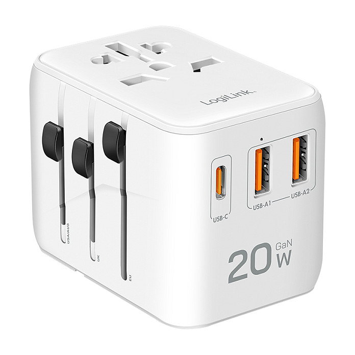 LogiLink Cargador de viaje 20 W GaN de 3 puertos, 2x USB-A (QC) y 1x USB-C (PD), Slim Version, Blanco LogiLink Cargador de viaje 20 W GaN de 3 puertos, 2x USB-A (QC) y 1x USB-C (PD), Slim Version, Blanco