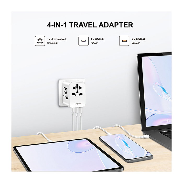 LogiLink Cargador de viaje 20 W GaN de 3 puertos, 2x USB-A (QC) y 1x USB-C (PD), Slim Version, Blanco LogiLink Cargador de viaje 20 W GaN de 3 puertos, 2x USB-A (QC) y 1x USB-C (PD), Slim Version, Blanco