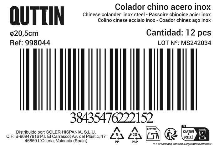 Quttin Colador Chino 20 cm, Modelo # (F)-48, Diámetro 20.5 cm, Peso 15.36 kg (12 Unidades)