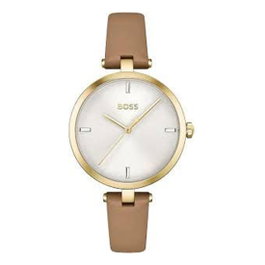 Boss Reloj para mujer con correa de cuero beige y caja dorada