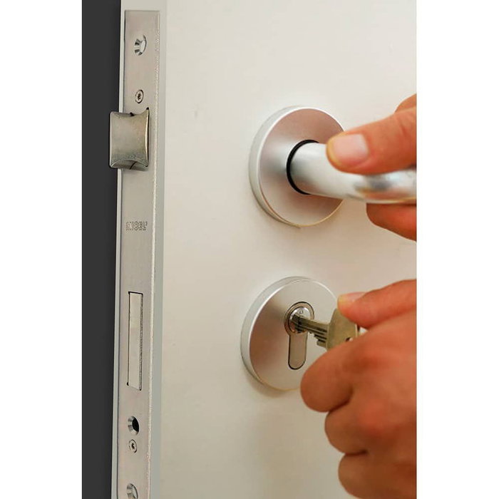 Micel Cerradura de Embutir CRE12 para Cilindro Europeo, 85 mm entre Ejes y Entrada 50 mm, Níquel Satinado para Puertas de Madera