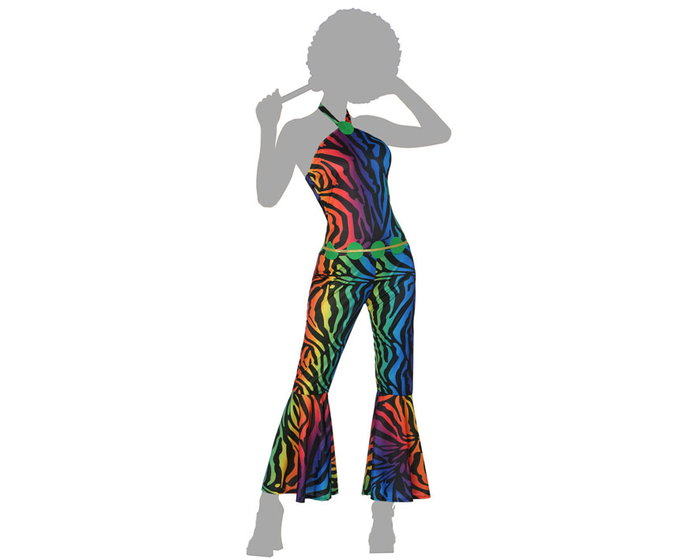 Disfraz Mujer Adulto Años 70 Disco, Multicolor Rayas, Conjunto de 2 Piezas Mono y Cinturón, Poliéster, Talla XL Disfraz Mujer Adulto Años 70 Disco, Multicolor Rayas, Conjunto de 2 Piezas Mono y Cinturón, Poliéster, Talla XL