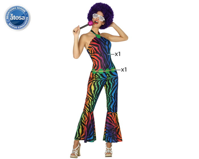 Disfraz Mujer Adulto Años 70 Disco, Multicolor Rayas, Conjunto de 2 Piezas Mono y Cinturón, Poliéster, Talla XL Disfraz Mujer Adulto Años 70 Disco, Multicolor Rayas, Conjunto de 2 Piezas Mono y Cinturón, Poliéster, Talla XL