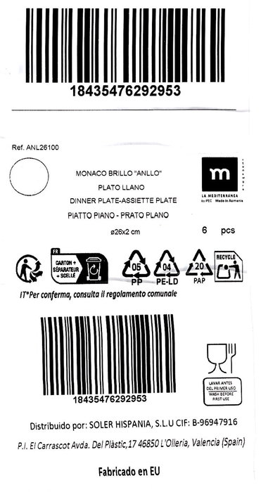 La Mediterranea Plato Llano Ø26 cm Monaco Brillo (6 Unidades)