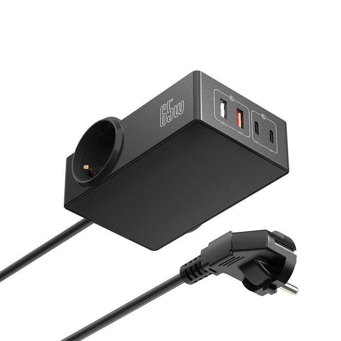 Ewent EW3992 Cargador GaN 65W con 4 Puertos USB/Type-C y 2 Enchufes Schuko, Estación de Carga para 6 Dispositivos, Protección Sobretensión