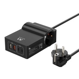 Ewent EW3992 Cargador GaN 65W con 4 Puertos USB/Type-C y 2 Enchufes Schuko, Estación de Carga para 6 Dispositivos, Protección Sobretensión
