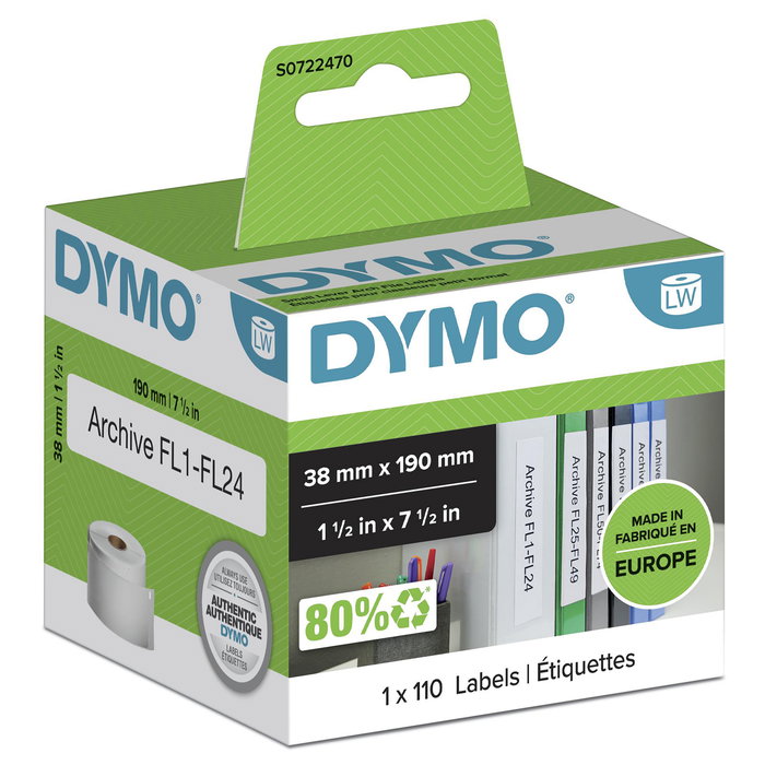 Dymo Etiquetas LabelWriter para Lomo de Archivador 38x190mm Blanco Dymo Etiquetas LabelWriter para Lomo de Archivador 38x190mm Blanco