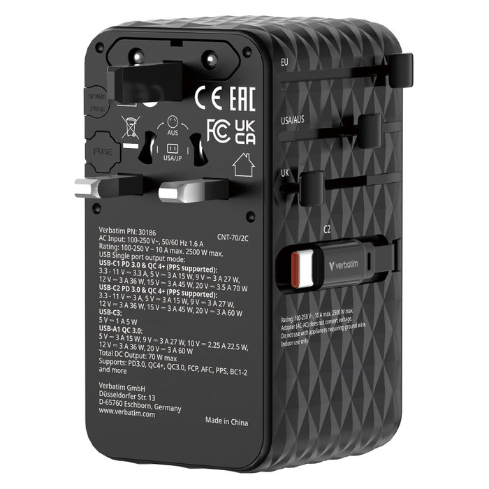Verbatim Charge'n'Travel Adapter 70W 2C retractable black Verbatim Charge'n'Travel Adapter 70W 2C retractable black