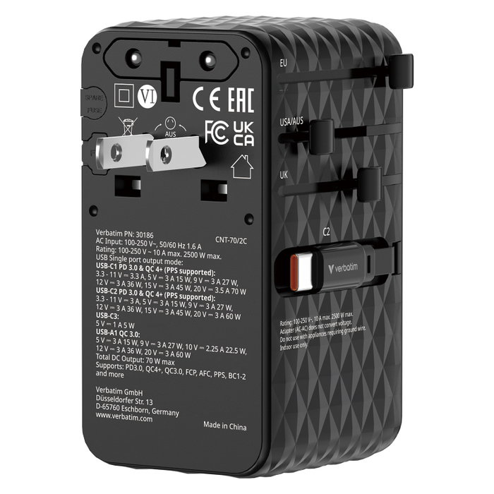 Verbatim Charge'n'Travel Adapter 70W 2C retractable black Verbatim Charge'n'Travel Adapter 70W 2C retractable black