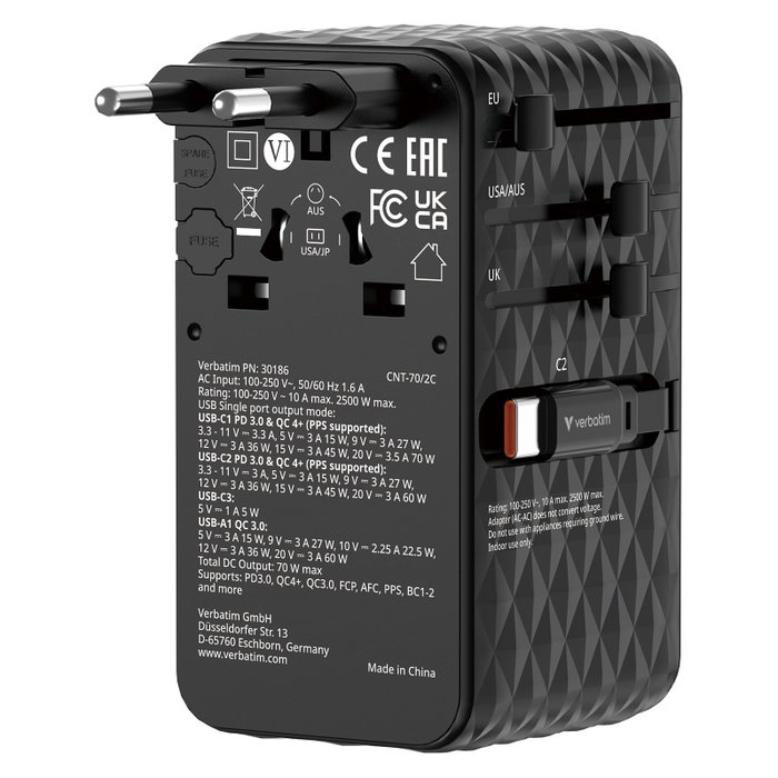 Verbatim Charge'n'Travel Adapter 70W 2C retractable black Verbatim Charge'n'Travel Adapter 70W 2C retractable black