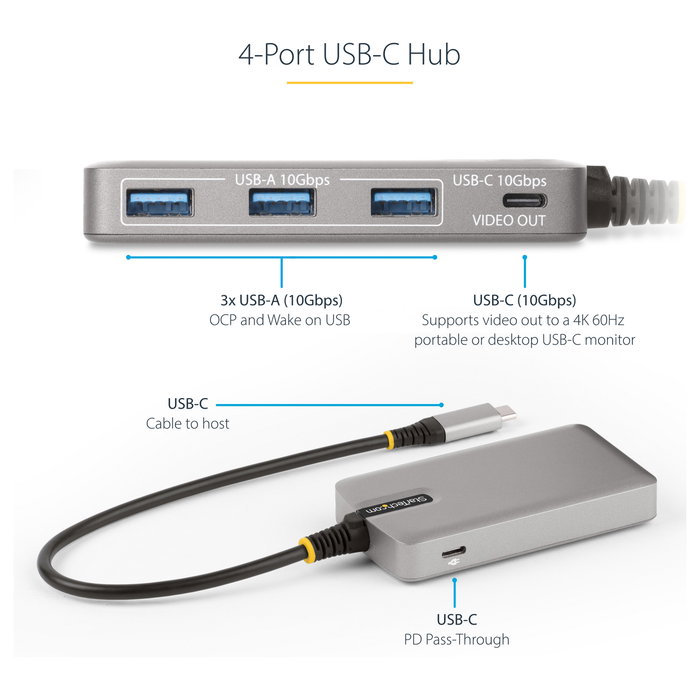 StarTech.com Hub Ladrón USB-C de 4 Puertos con Salida Vídeo 4K 60Hz y PD 100W - Plata