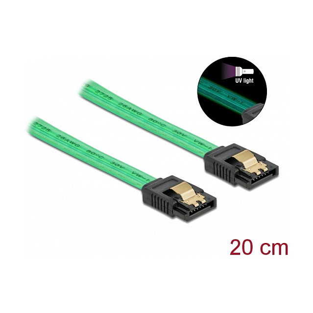 DeLOCK Cable SATA III 6 Gb/s con efecto de brillo UV verde 20 cm