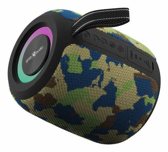 Gembird SPK-BT-LED-05-CM Altavoz Portátil Bluetooth 8W para Fiestas con Luces LED RGB, Radio FM, Micrófono, Entrada AUX/USB, Batería Recargable, Color Camuflaje