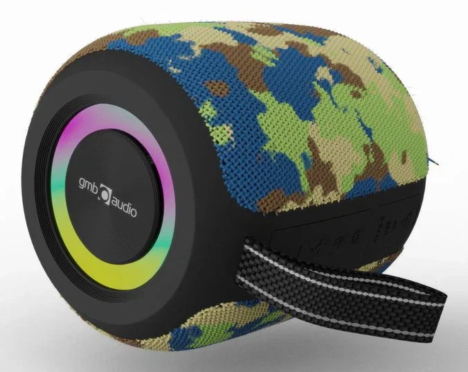 Gembird SPK-BT-LED-05-CM Altavoz Portátil Bluetooth 8W para Fiestas con Luces LED RGB, Radio FM, Micrófono, Entrada AUX/USB, Batería Recargable, Color Camuflaje