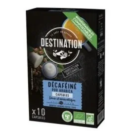 Destination Cápsulas Café Pur Arabica Descafeinado 10 uds., Café Ecológico de Agricultura Biológica, Intensidad 5/10, Sabor Dulce y Aromático
