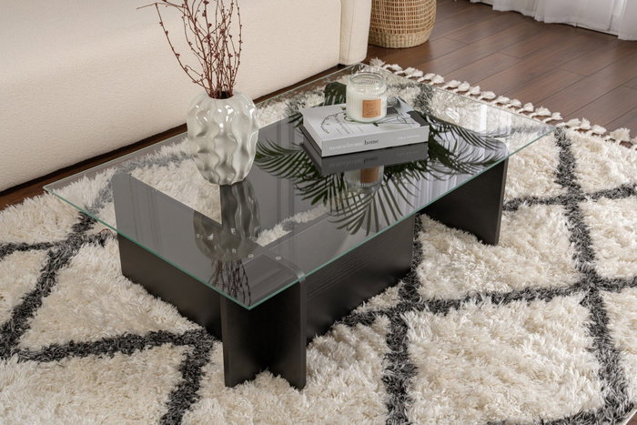 Nordure Mesa de Centro Wooden Black, Madera Negra, Cristal Templado, Tablero Melamina, 105x65x30 cm