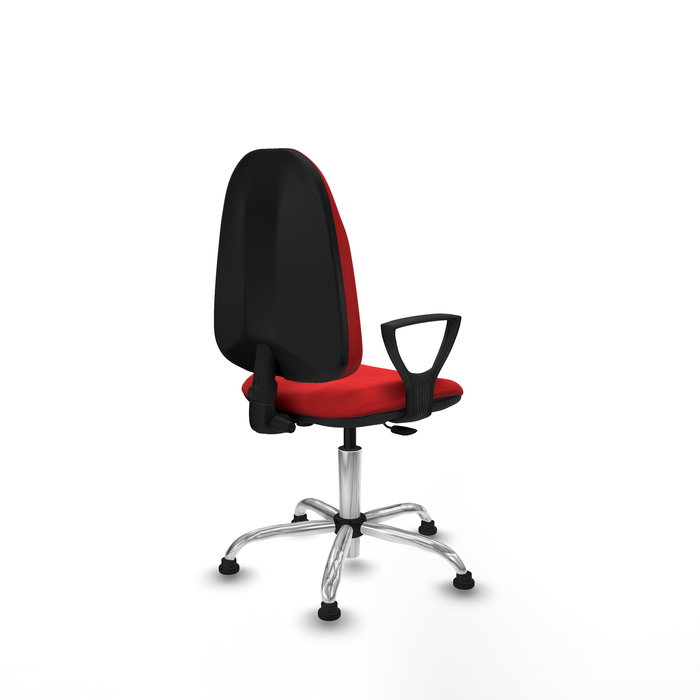Silla de oficina Algarra con mecanismo Contacto permanente básico tapizada con Similpiel color Rojo. Equipada con Base cromada, Brazos fijosy Topes