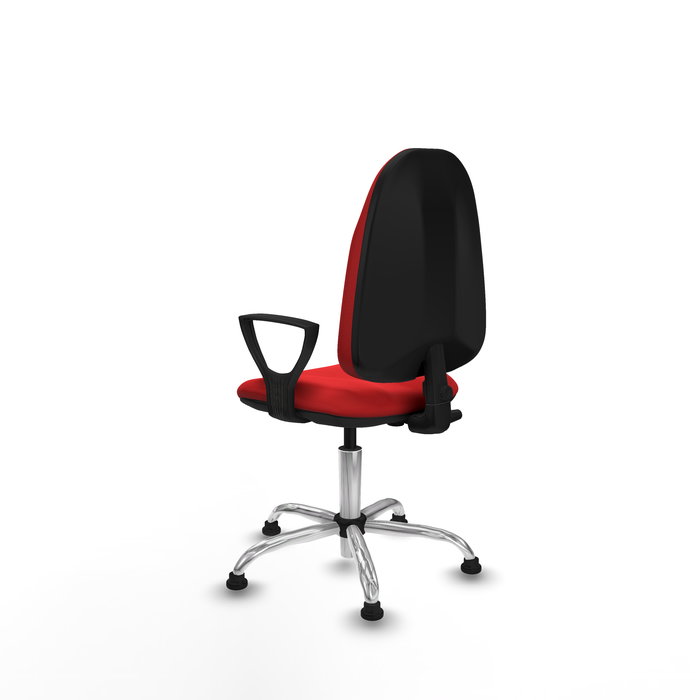 Silla de oficina Algarra con mecanismo Contacto permanente básico tapizada con Similpiel color Rojo. Equipada con Base cromada, Brazos fijosy Topes