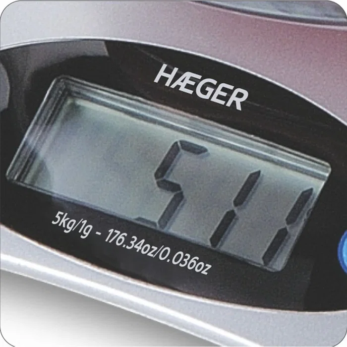 Haeger KS-05B.002B Báscula de Cocina Electrónica, 5 kg / 5000g, Precisión 1g, Acero Inoxidable, Pantalla LCD, Función Tara, Apagado Automático, Con Batería