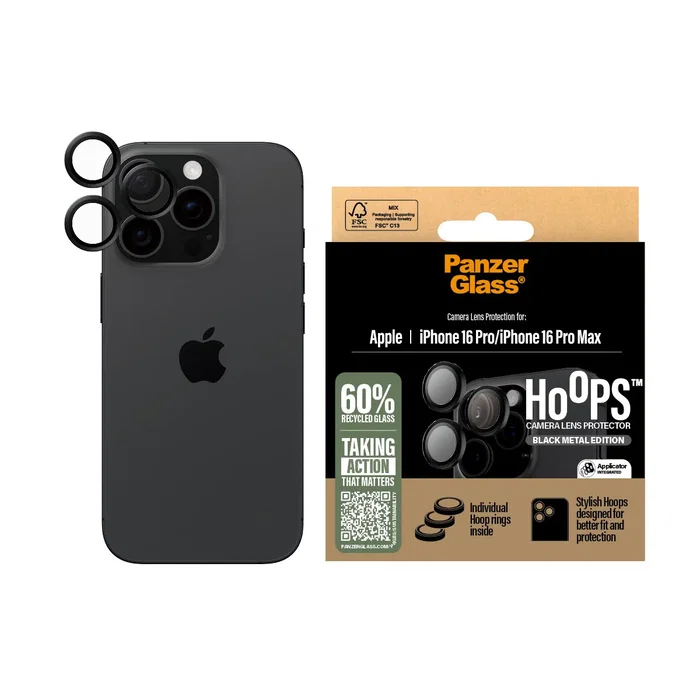 PanzerGlass Hoops Camera Lens Protector Black para iPhone 16 Pro y 16 Pro Max - Vidrio Templado, Aplicación en Seco, Resistente a Rayones y Golpes