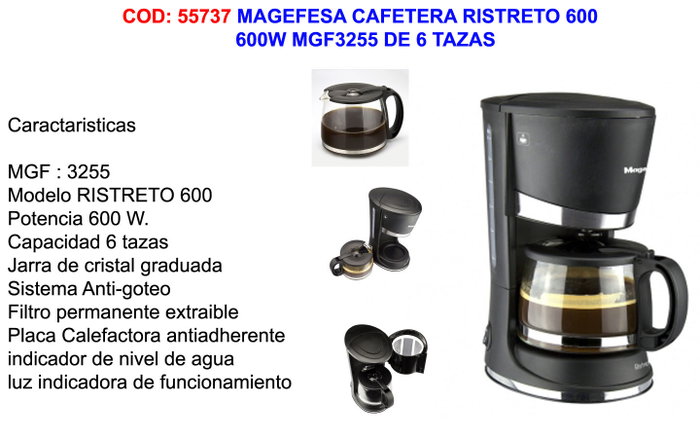MAGEFESA Cafetera Ristretto MGF3255 600W 6 Tazas MAGEFESA Cafetera Ristretto MGF3255 600W 6 Tazas