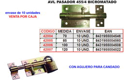 Pasador AVL 455/4 70 mm bicromatado con agujero para candado