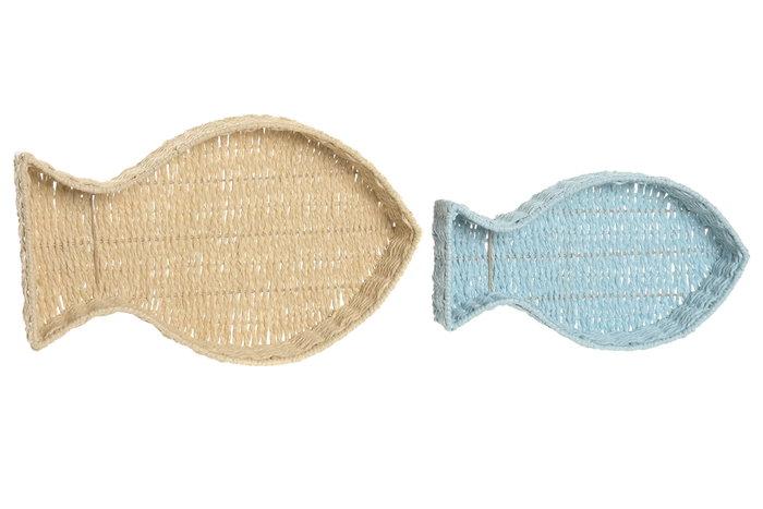 DKD Home Decor Set de 2 Bandejas de Seagrass y Metal Mediterráneo