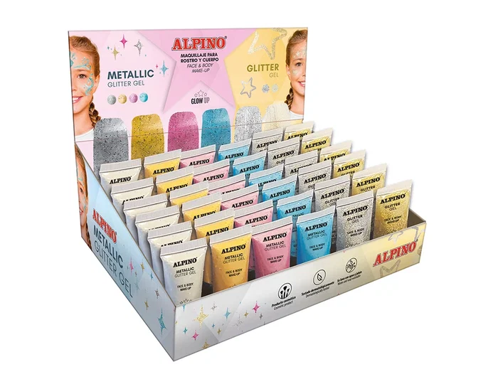 Alpino Expositor Gel Maquillaje 24 Glitter Gel Metálico + 12 Glitter Gel
