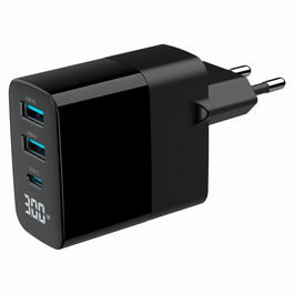 GEMBIRD TA-UC-PDQC30LCD-BK-02 Cargador Universal USB-C y USB-A Negro Carga Rápida 30W Power Delivery QC 3.0 Pantalla LCD GaN