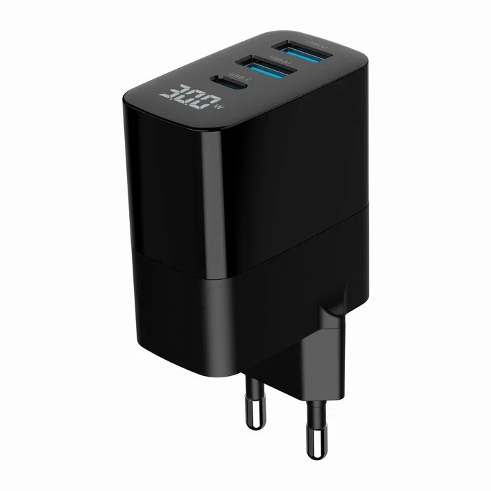 Gembird TA-UC-PDQC30LCD-BK-02 Cargador Rápido GaN 30W USB PD QC 3.0 3 Puertos con Pantalla LCD Negro