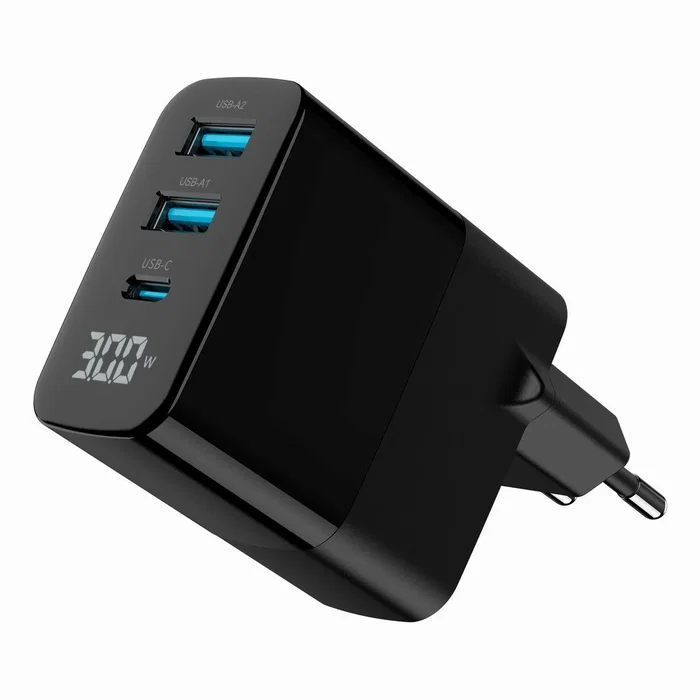 Gembird TA-UC-PDQC30LCD-BK-02 Cargador Rápido GaN 30W USB PD QC 3.0 3 Puertos con Pantalla LCD Negro