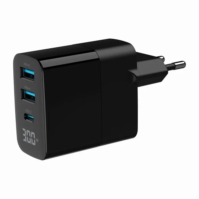 Gembird TA-UC-PDQC30LCD-BK-02 Cargador Rápido GaN 30W USB PD QC 3.0 3 Puertos con Pantalla LCD Negro