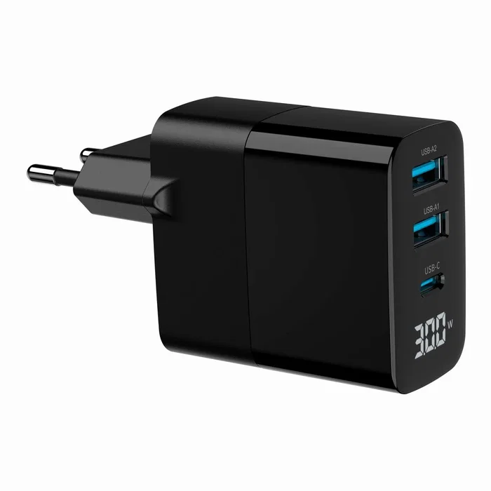 Gembird TA-UC-PDQC30LCD-BK-02 Cargador Rápido GaN 30W USB PD QC 3.0 3 Puertos con Pantalla LCD Negro