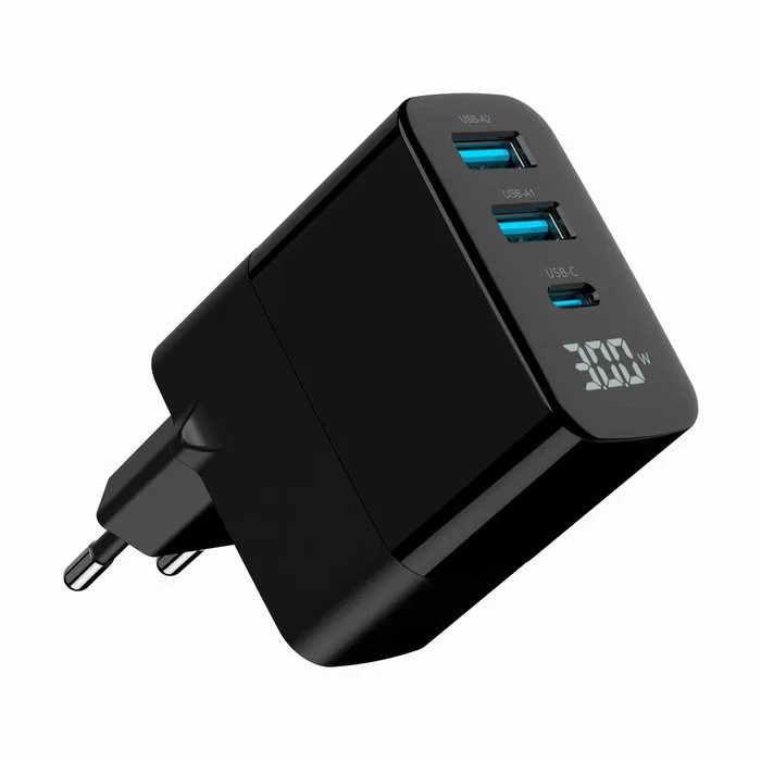 Gembird TA-UC-PDQC30LCD-BK-02 Cargador Rápido GaN 30W USB PD QC 3.0 3 Puertos con Pantalla LCD Negro
