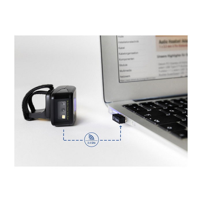 DeLOCK Escáner de Código de Barras de Anillo Inalámbrico 1D/2D, Bluetooth 4.1 o 2,4 GHz, Manos Libres, Lector para Codabar, Code 128, EAN, QR, Hasta 100 lecturas/s, Negro