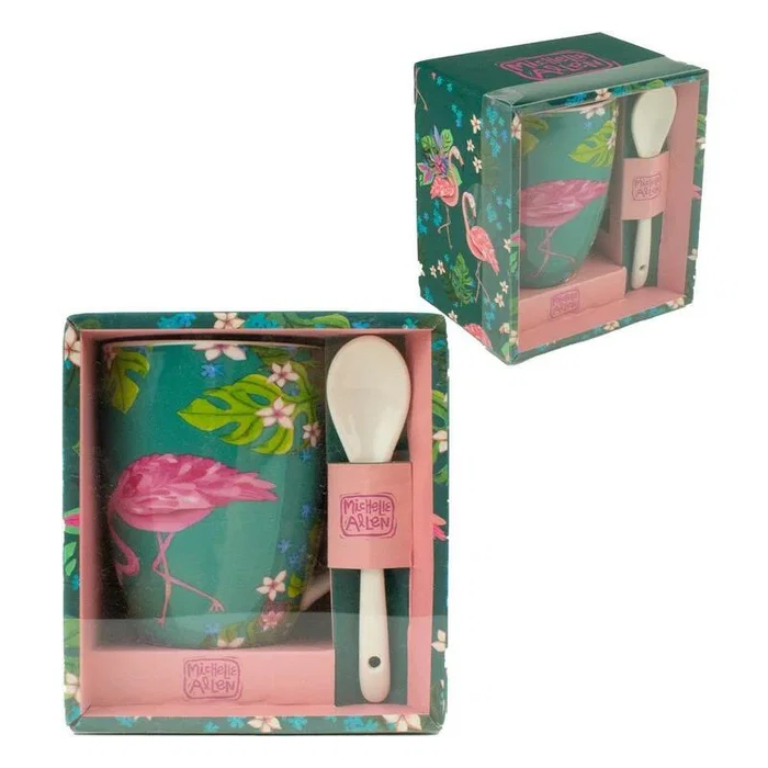 Enesco Taza con Cuchara Incluida, Diseño Flamenco Tropical Colorido, Caja Decorativa, para Café o Té