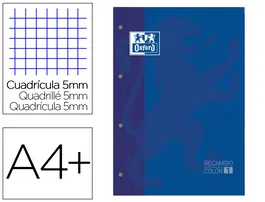 Oxford Recambio Color 1 Din A4+ 80 Hojas 90 gr Cuadro 5 mm 4 Taladros Azul Oscuro