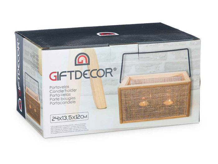 Giftdecor Portavelas Dos Lámparas Rattan 25x23x14 cm Marrón Negro Transparente MDF Metal Vidrio (Set de 6)