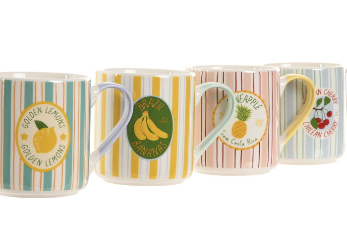 DKD Home Decor Taza Moderna Porcelana New Bone Verde Azul Amarillo Beige Fruta 400ml Apto Microondas Lavavajillas 8.5 x 9.6 x 12 cm (12 Unidades)