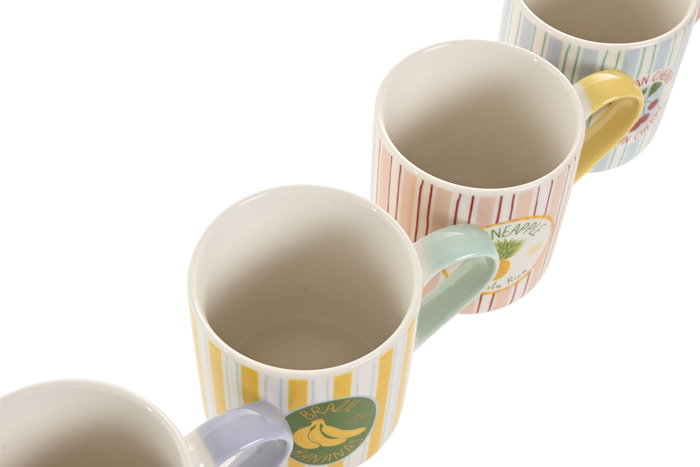 DKD Home Decor Taza Moderna Porcelana New Bone Verde Azul Amarillo Beige Fruta 400ml Apto Microondas Lavavajillas 8.5 x 9.6 x 12 cm (12 Unidades)