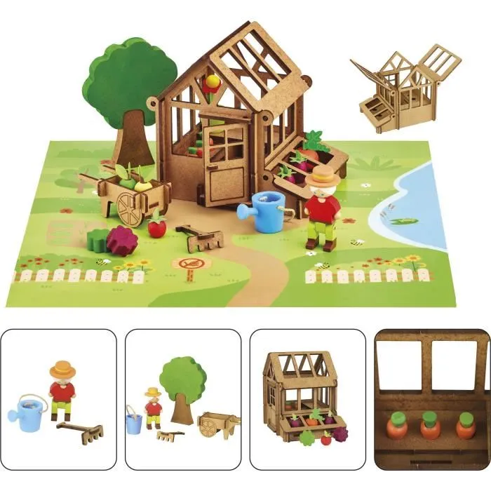 Jeujura JEU3225280809908 El Invernadero Del Jardinero Juego de Construcción en Madera Natural, Tapete y Accesorios Incluidos, 22x18,5x8,5 cm