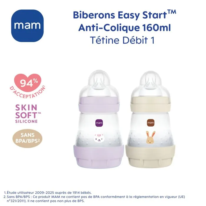 Mam MAM9001616836510 Set de 2 Biberones Easy Start Anticólico 160 ml Tetina Flow 1 Lila + Arena