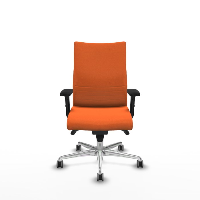Silla Albacete confidente con mecanismo Sincro tapizada con Tela color Naranja. Equipada con Base aluminio, Brazos 2D y Ruedas 65 mm parqué Silla Albacete confidente con mecanismo Sincro tapizada con Tela color Naranja. Equipada con Base aluminio, Brazos 2D y Ruedas 65 mm parqué