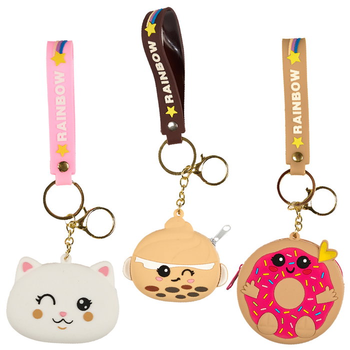 The Concept Factory Monedero Kawaii de Silicona con Anilla y Correa - Diseños Surtidos (Donut, Gato, Bebida)