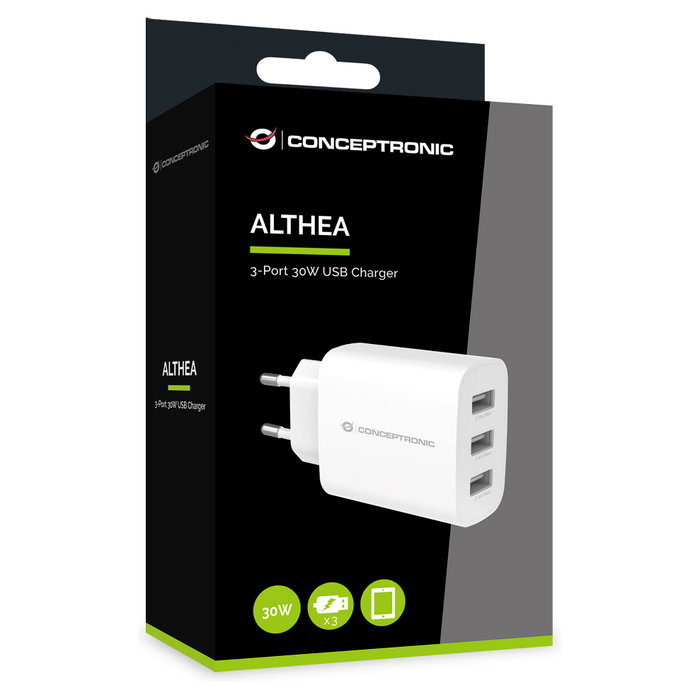 Conceptronic Althea Cargador de Pared 3 Puertos USB-A 30W Blanco Conceptronic Althea Cargador de Pared 3 Puertos USB-A 30W Blanco
